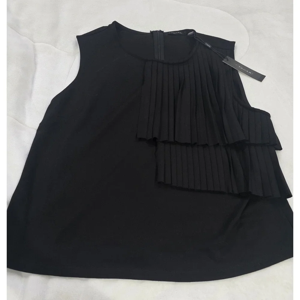 NWT Tahari Black Pleated Sleeveless Zipper Back Work Classic Statement‎ Top